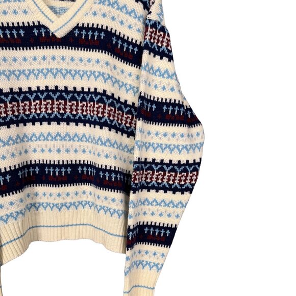 Vintage 80s Fair Isle Knit Sweater Cabincore V Neck Pullover Cozy Retro Knitwear - Picture 3 of 9
